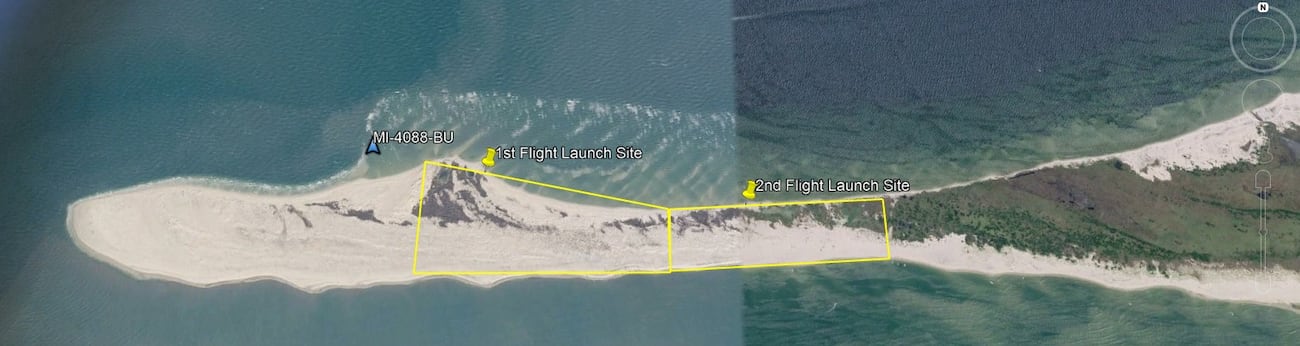 Aerial map of the northwestern end of Horn Island showing the vessel GPS position and July 5 drone search areas