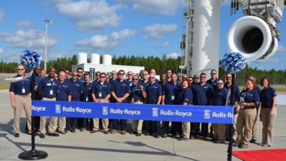 Rolls-Royce Outdoor Jet Engine Test Facility employees stand in front of the new, second test...