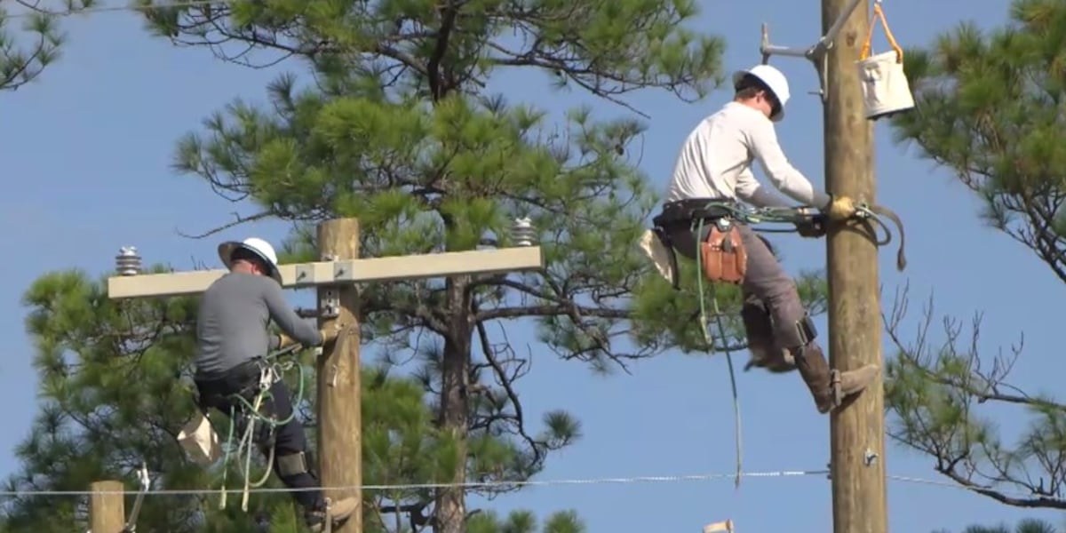 Power Utility Using Ropes Lineman rodeo ropes in future electric utility employees