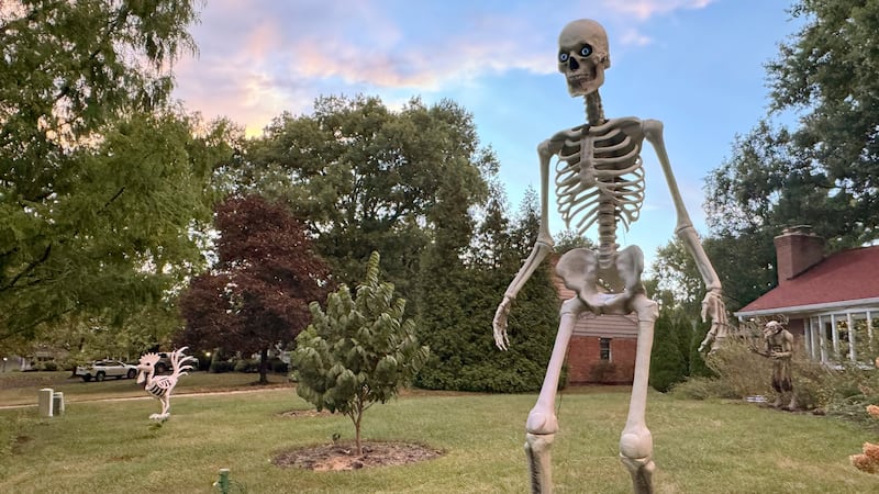 FILE - A 12-foot Home Depot skeleton stands in the front yard of a Cincinnati home on Sept....