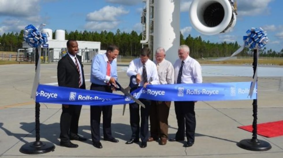 L-R: Anthony Woodard, GM, Rolls-Royce Outdoor Jet Engine Testing Facility; James M. Guyette,...