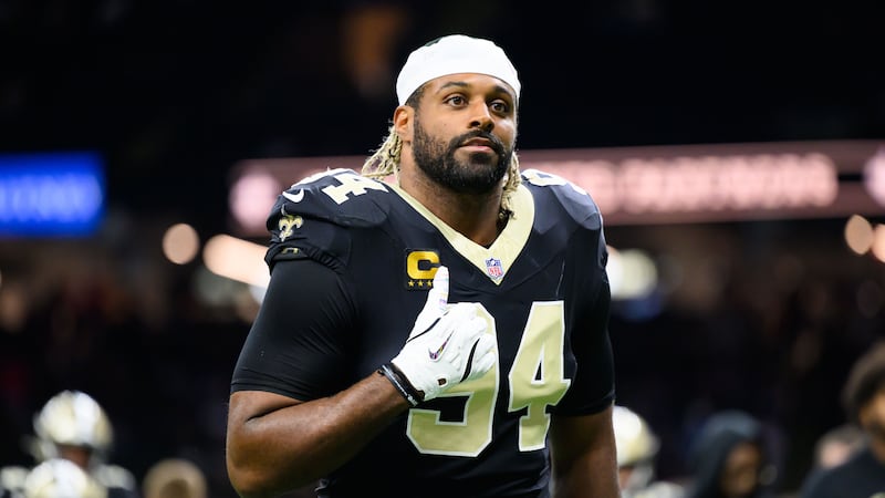 Cam Jordan #94 of the New Orleans Saints warming up before an NFL football game against the...